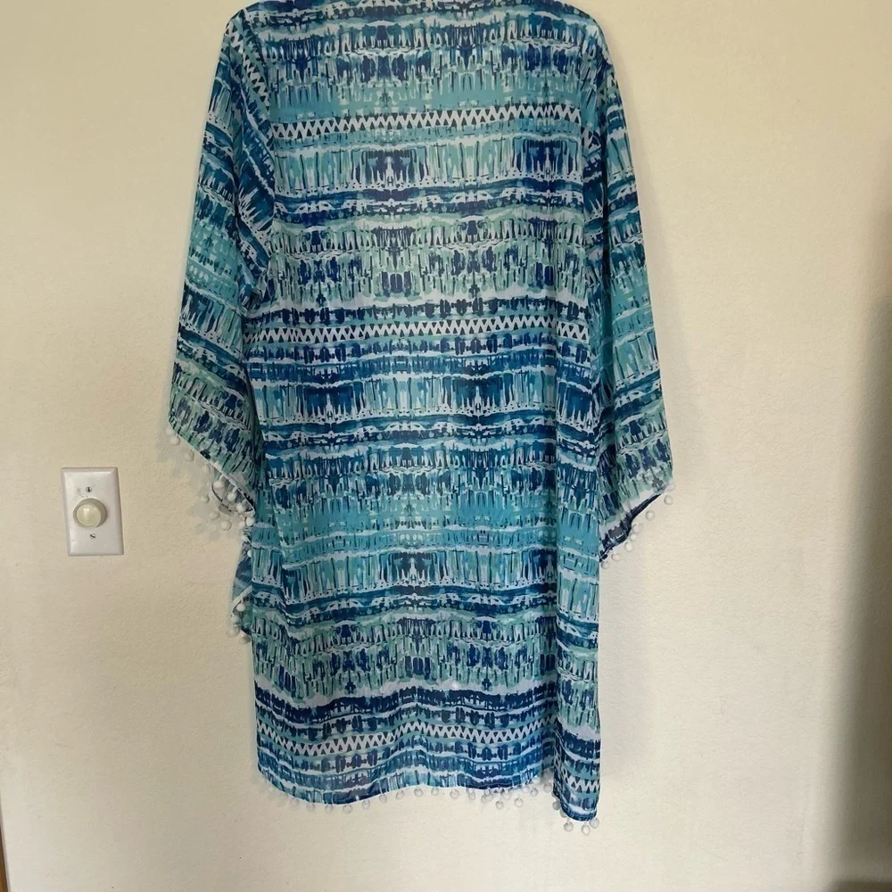 Venus XL Blue and White Coastal wrap/kimono cover-up with pom details